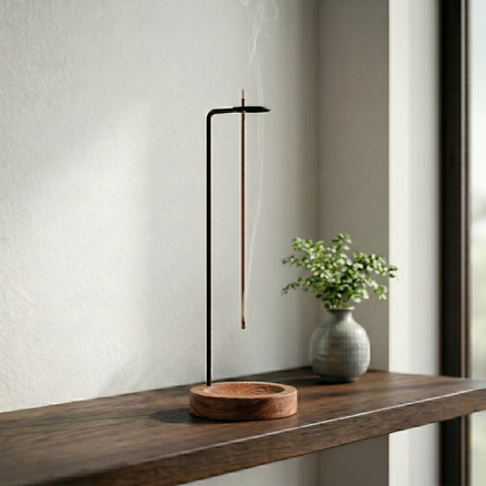 Kōro Incense Holder — Raw Wood & Brass