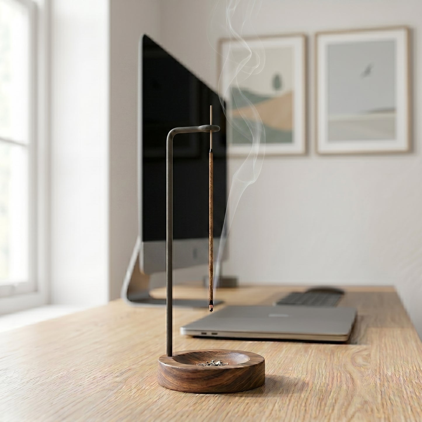 Kōro Incense Holder — Raw Wood & Brass