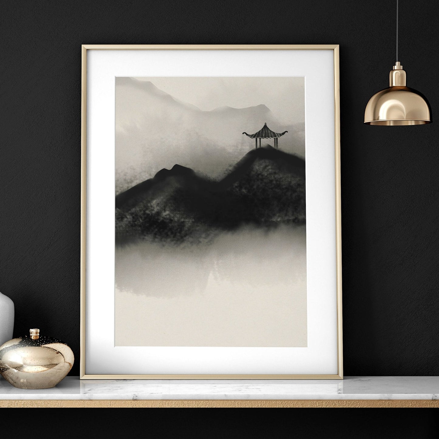 Pagoda Triptych — Japanese Ink & Gold Print Set