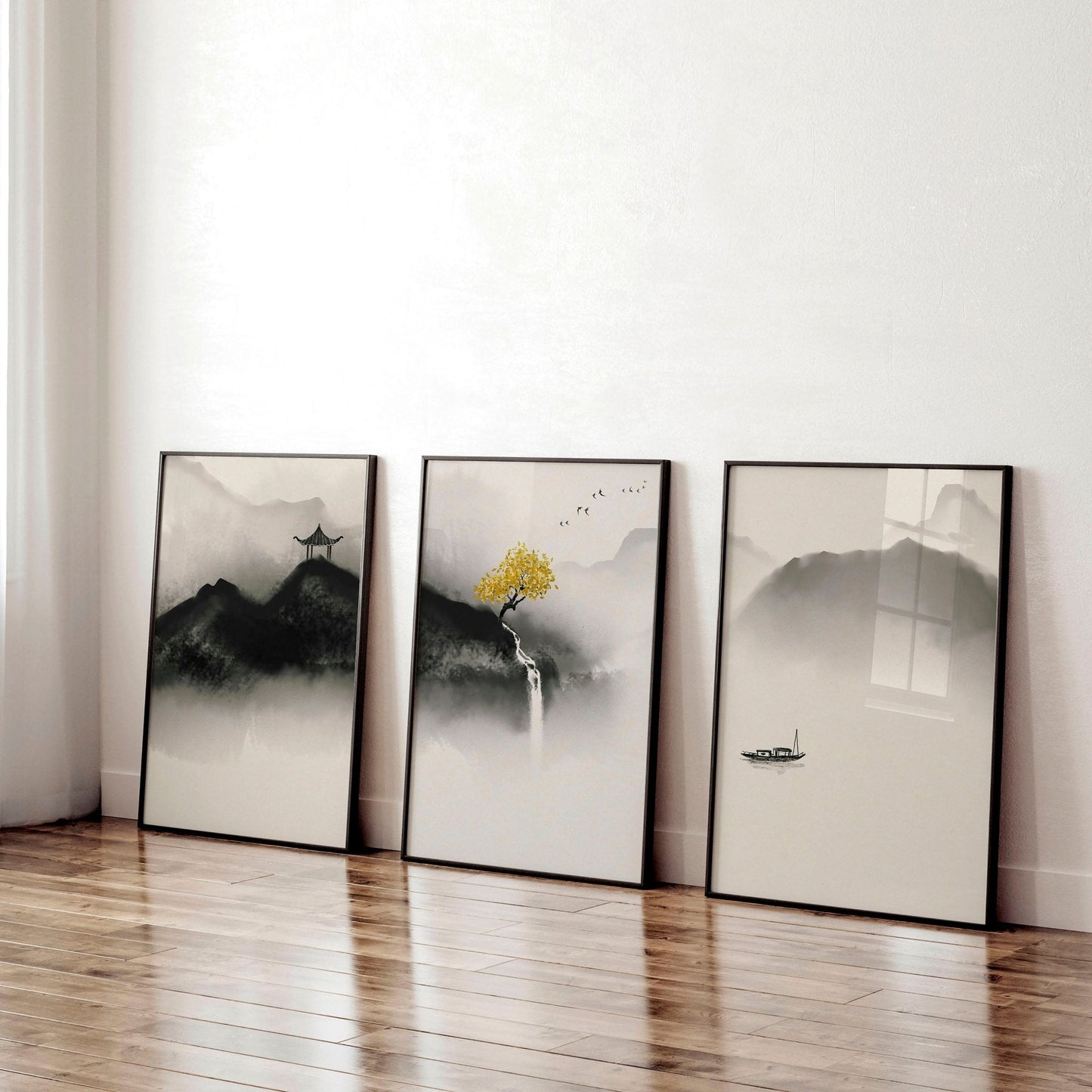 Pagoda Triptych — Japanese Ink & Gold Print Set