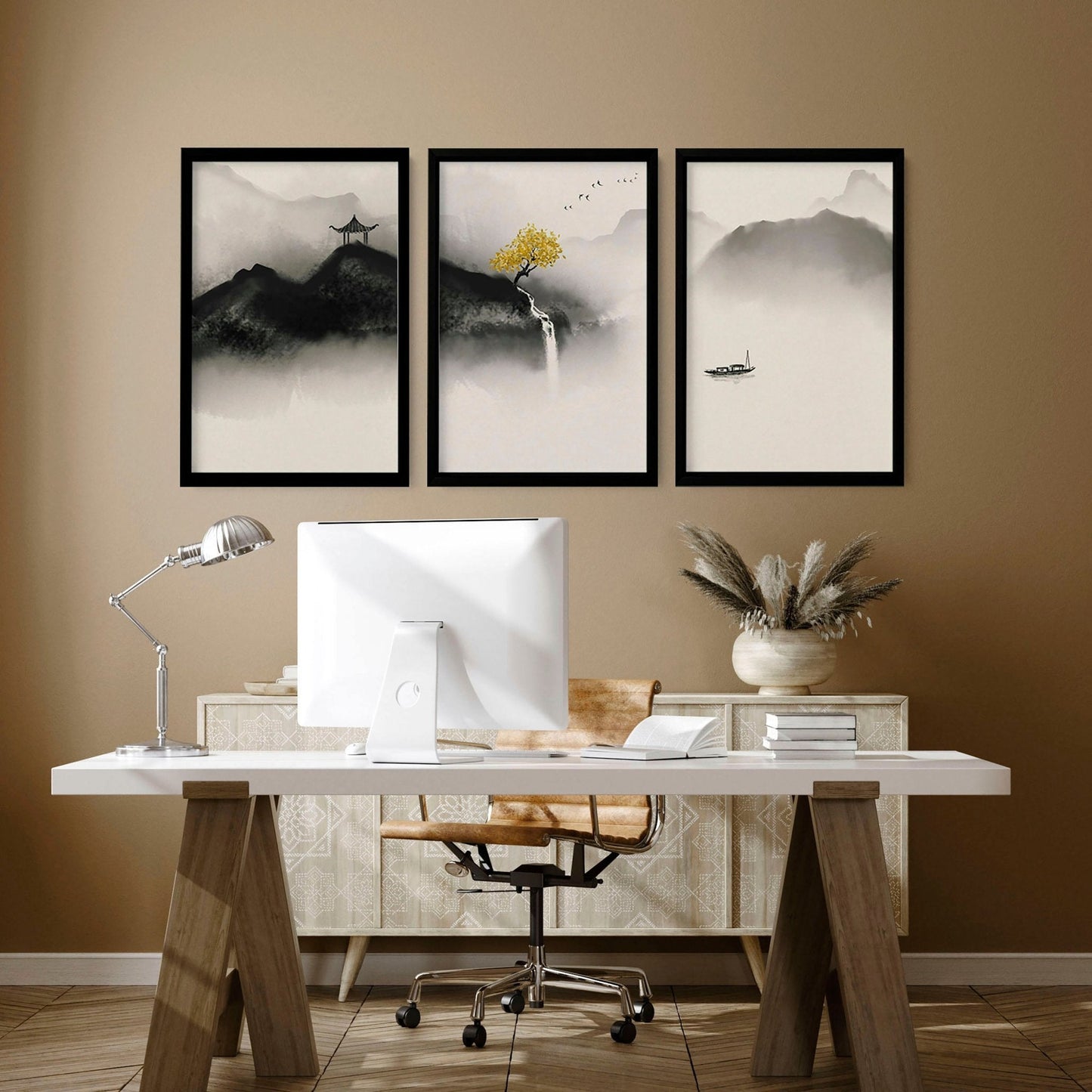 Pagoda Triptych — Japanese Ink & Gold Print Set