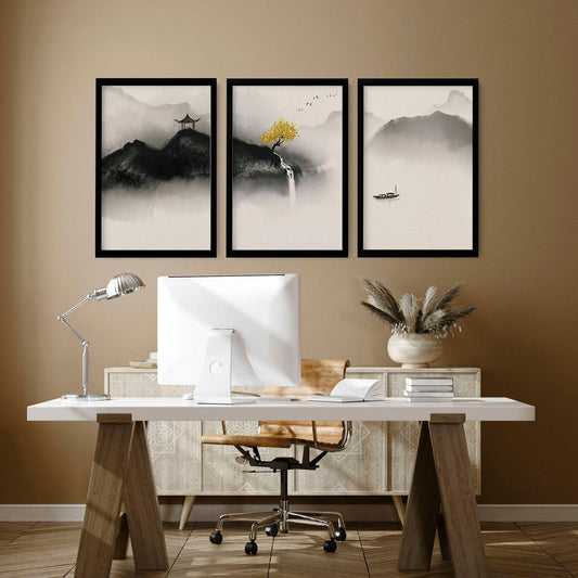 Pagoda Triptych — Japanese Ink & Gold Print Set