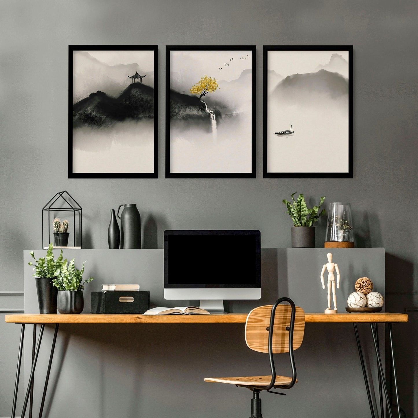 Pagoda Triptych — Japanese Ink & Gold Print Set