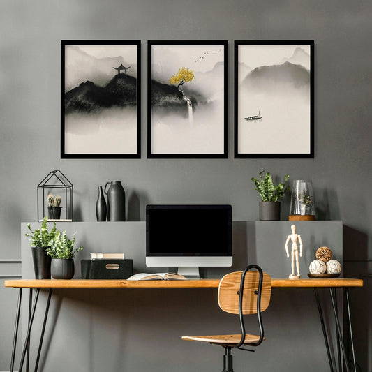 Pagoda Triptych — Japanese Ink & Gold Print Set